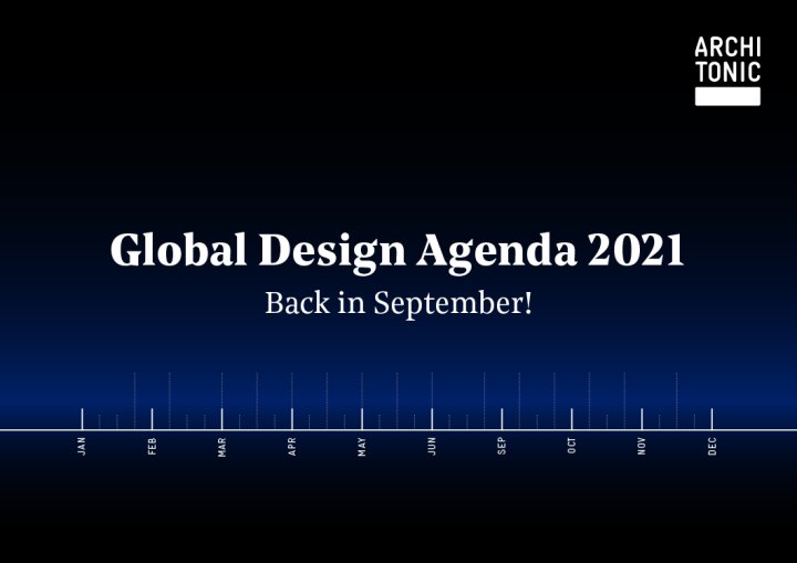 Global Design Agenda 2021 weisser Schriftzug auf einem Blau-Schwarzen Hintergrund mit einer weissen Timeline darunter